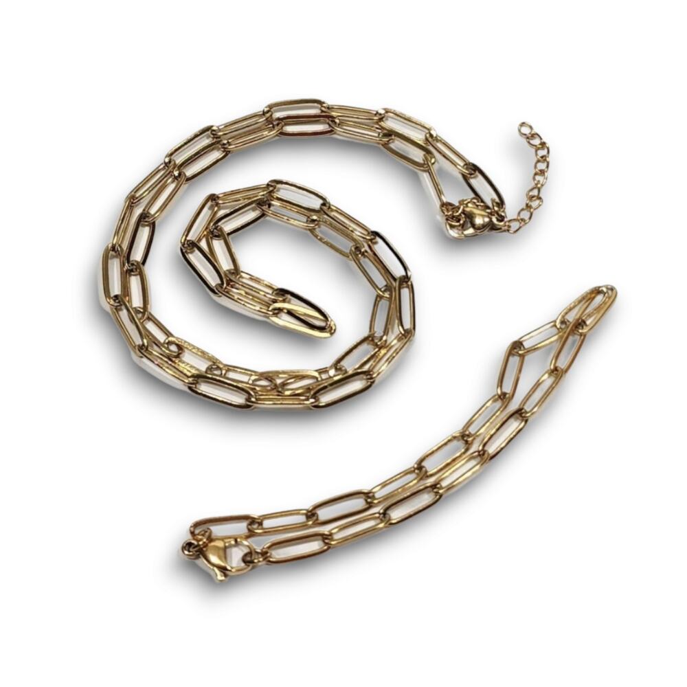 Gold Paperclip 16 inch Necklace and Bracelet‎ Set